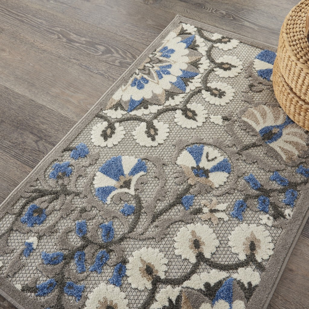 3' X 4' Gray And Blue Vines Indoor Outdoor Area Rug