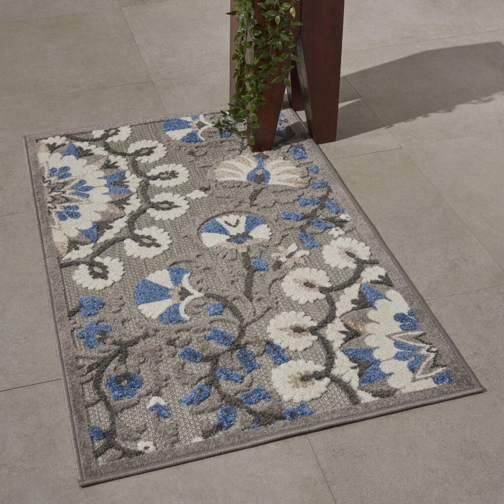 3' X 4' Gray And Blue Vines Indoor Outdoor Area Rug