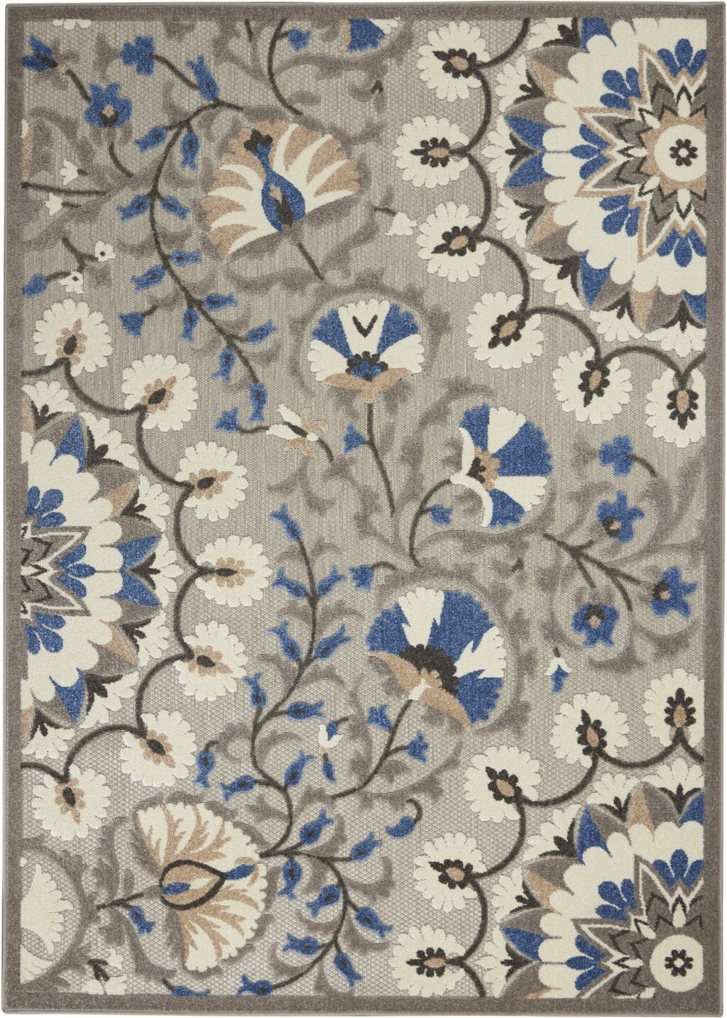 4' X 6' Gray And Blue Vines Indoor Outdoor Area Rug