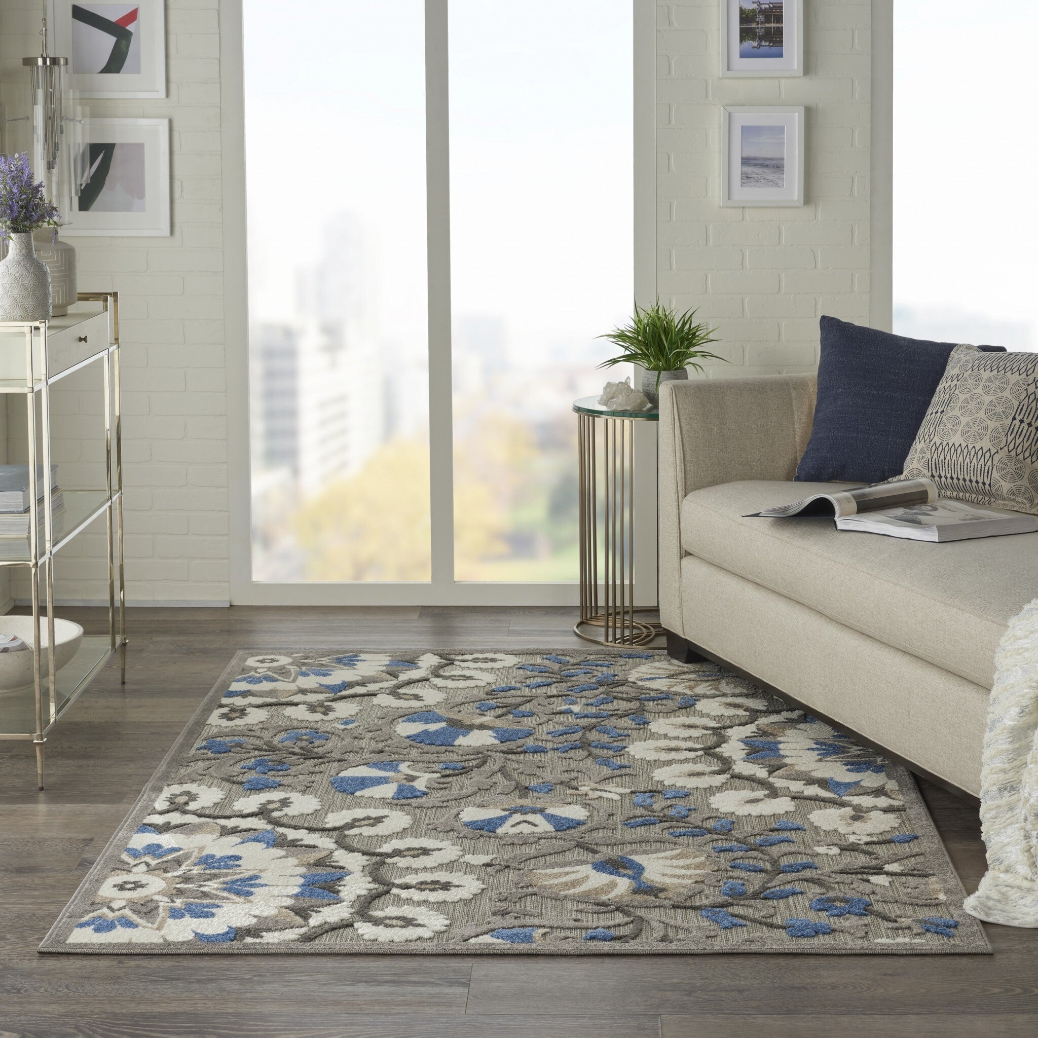 4' X 6' Gray And Blue Vines Indoor Outdoor Area Rug