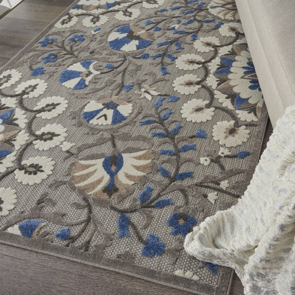4' X 6' Gray And Blue Vines Indoor Outdoor Area Rug