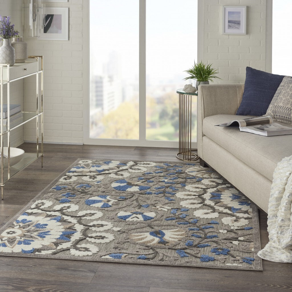 4' X 6' Gray And Blue Vines Indoor Outdoor Area Rug
