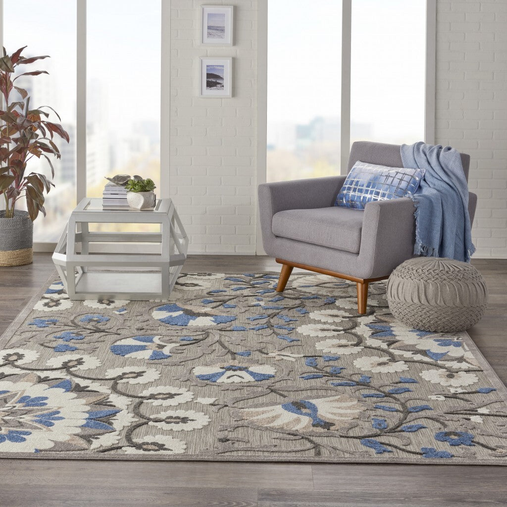 8' X 11' Gray And Blue Vines Indoor Outdoor Area Rug