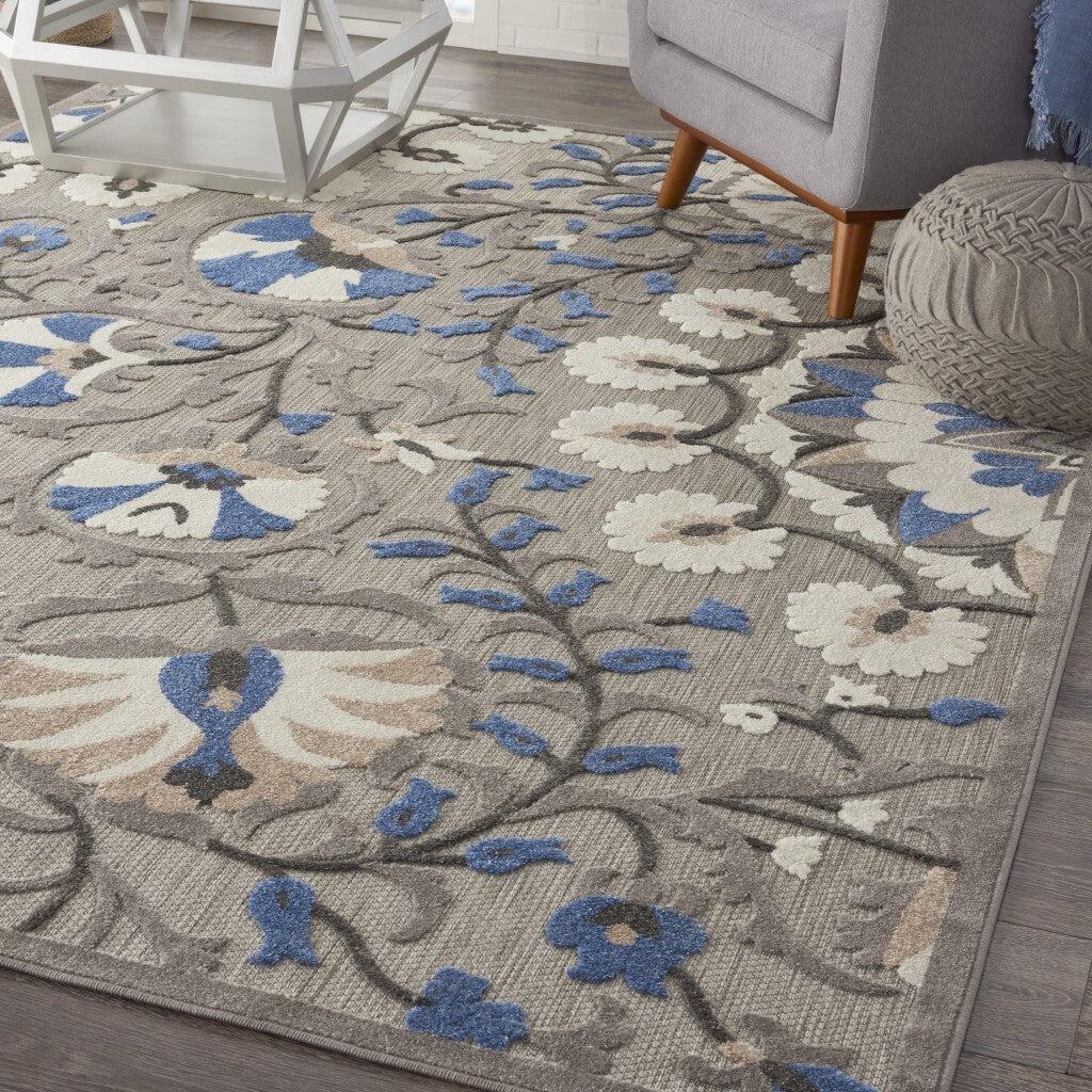 8' X 11' Gray And Blue Vines Indoor Outdoor Area Rug