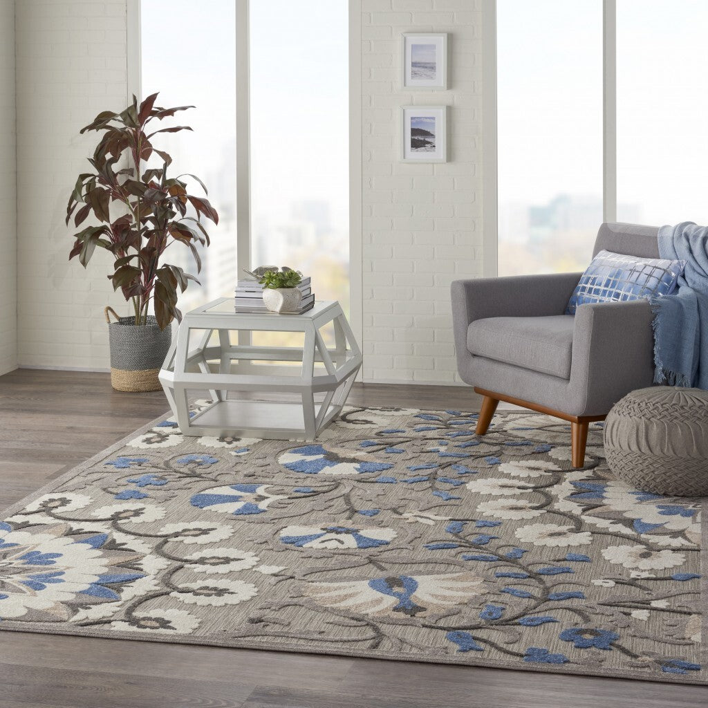 8' X 11' Gray And Blue Vines Indoor Outdoor Area Rug
