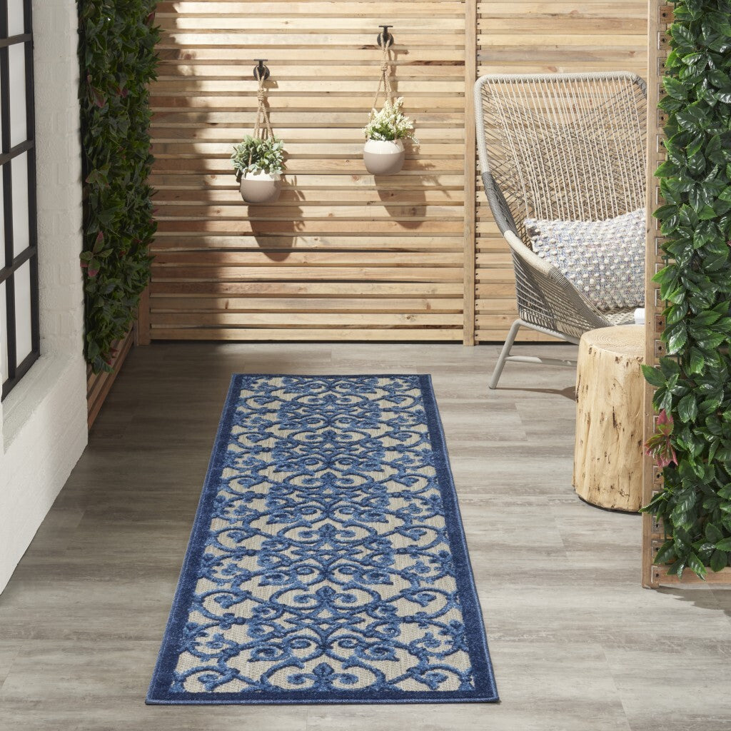2' X 6' Gray And Blue Indoor Outdoor Runner Rug