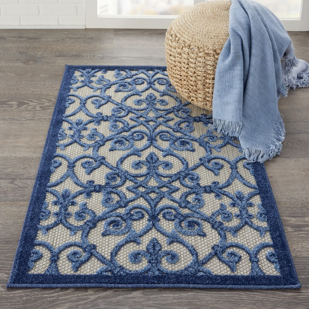 3' X 4' Gray And Blue Indoor Outdoor Area Rug
