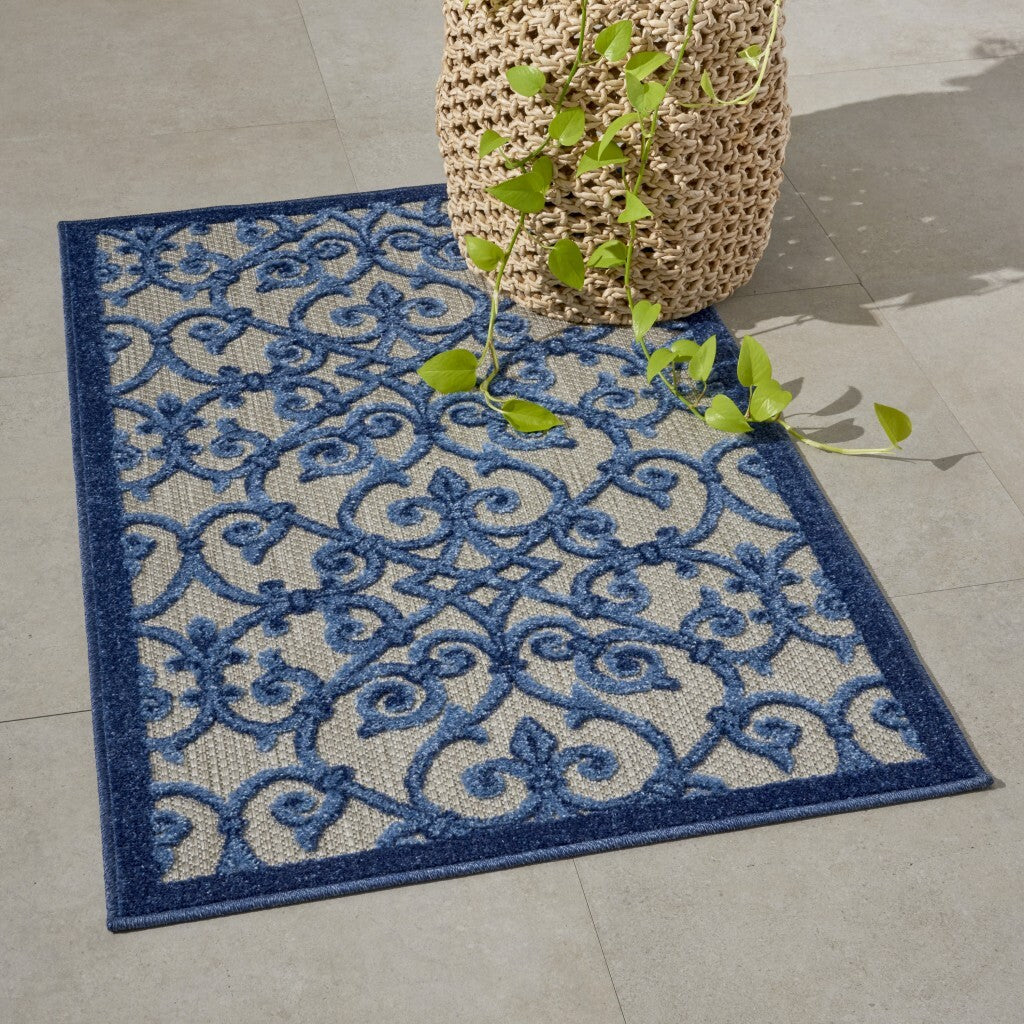 3' X 4' Gray And Blue Indoor Outdoor Area Rug