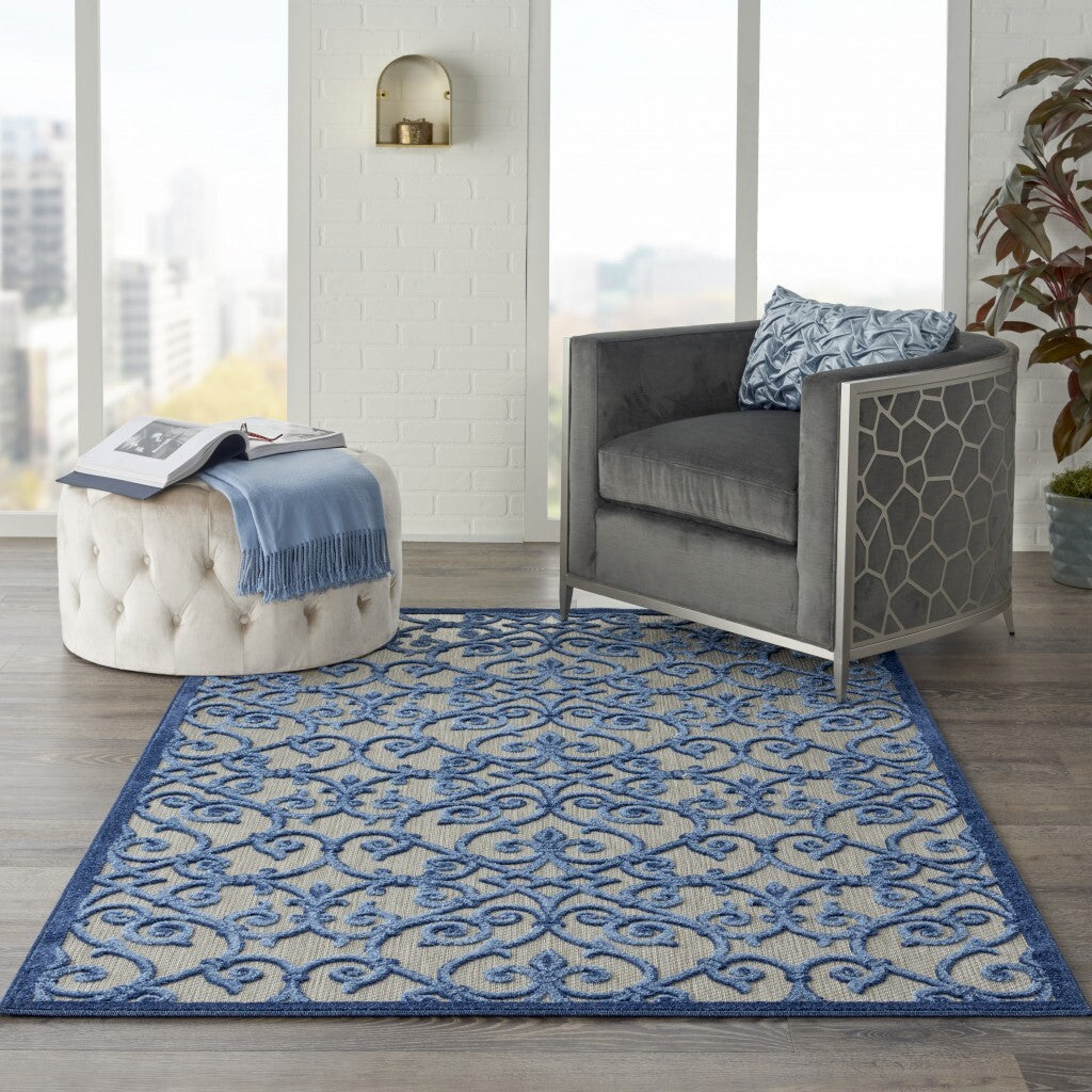 4' X 6' Gray And Blue Indoor Outdoor Area Rug