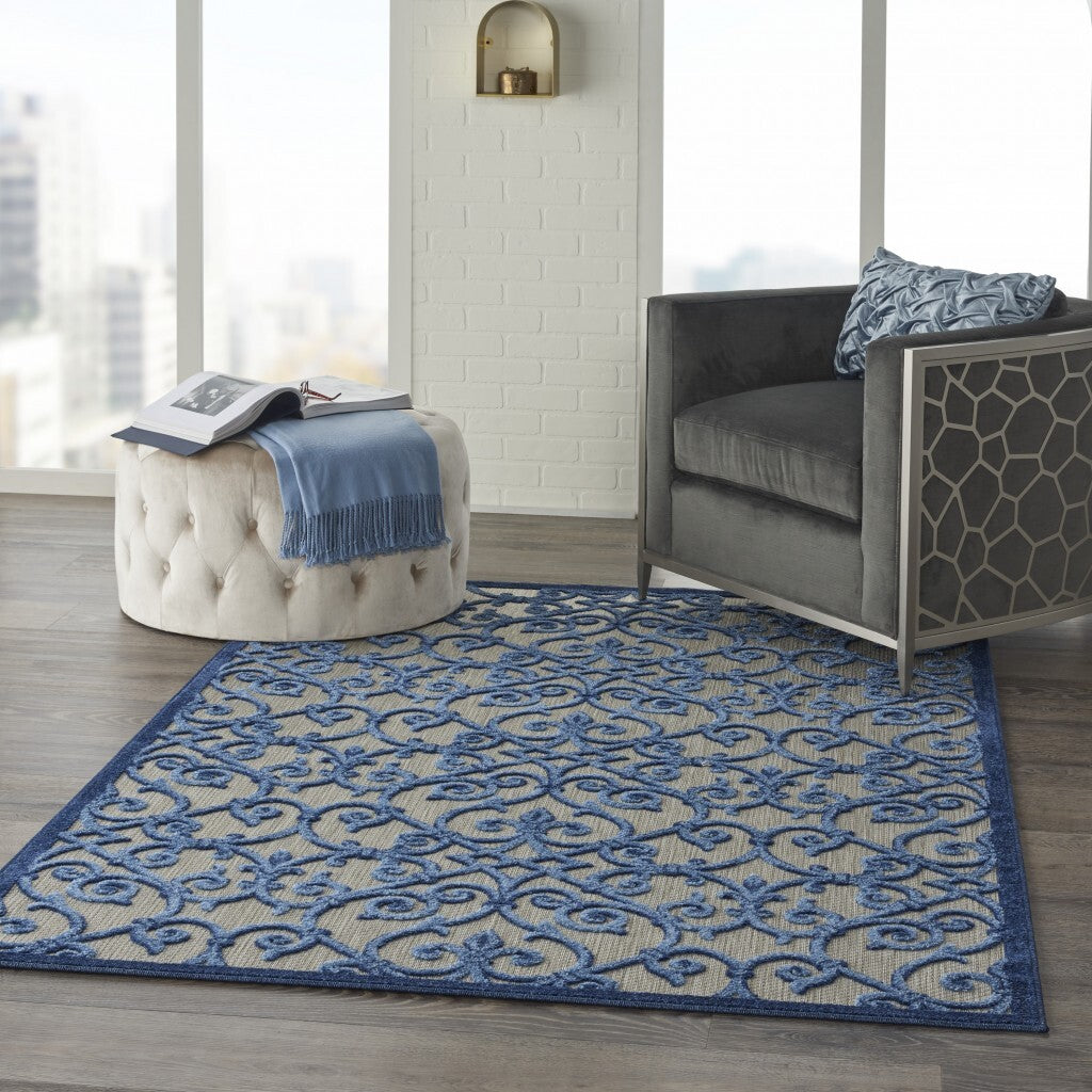 4' X 6' Gray And Blue Indoor Outdoor Area Rug