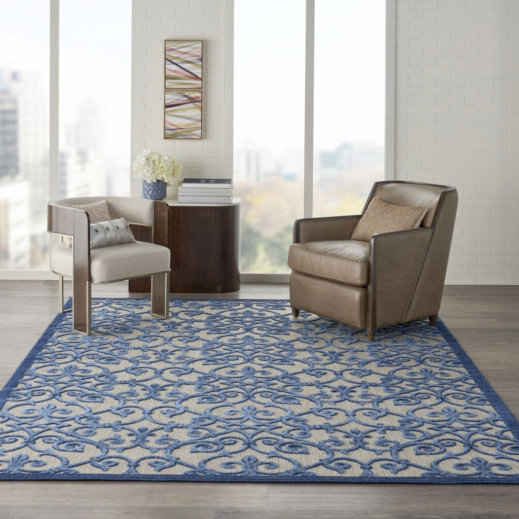 8' X 11' Gray And Blue Indoor Outdoor Area Rug