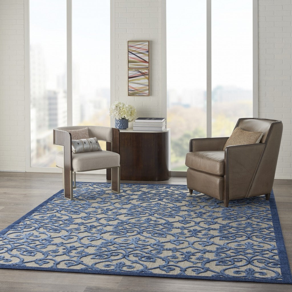 8' X 11' Gray And Blue Indoor Outdoor Area Rug