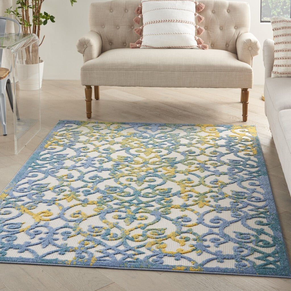 4' X 6' Ivory And Blue Indoor Outdoor Area Rug