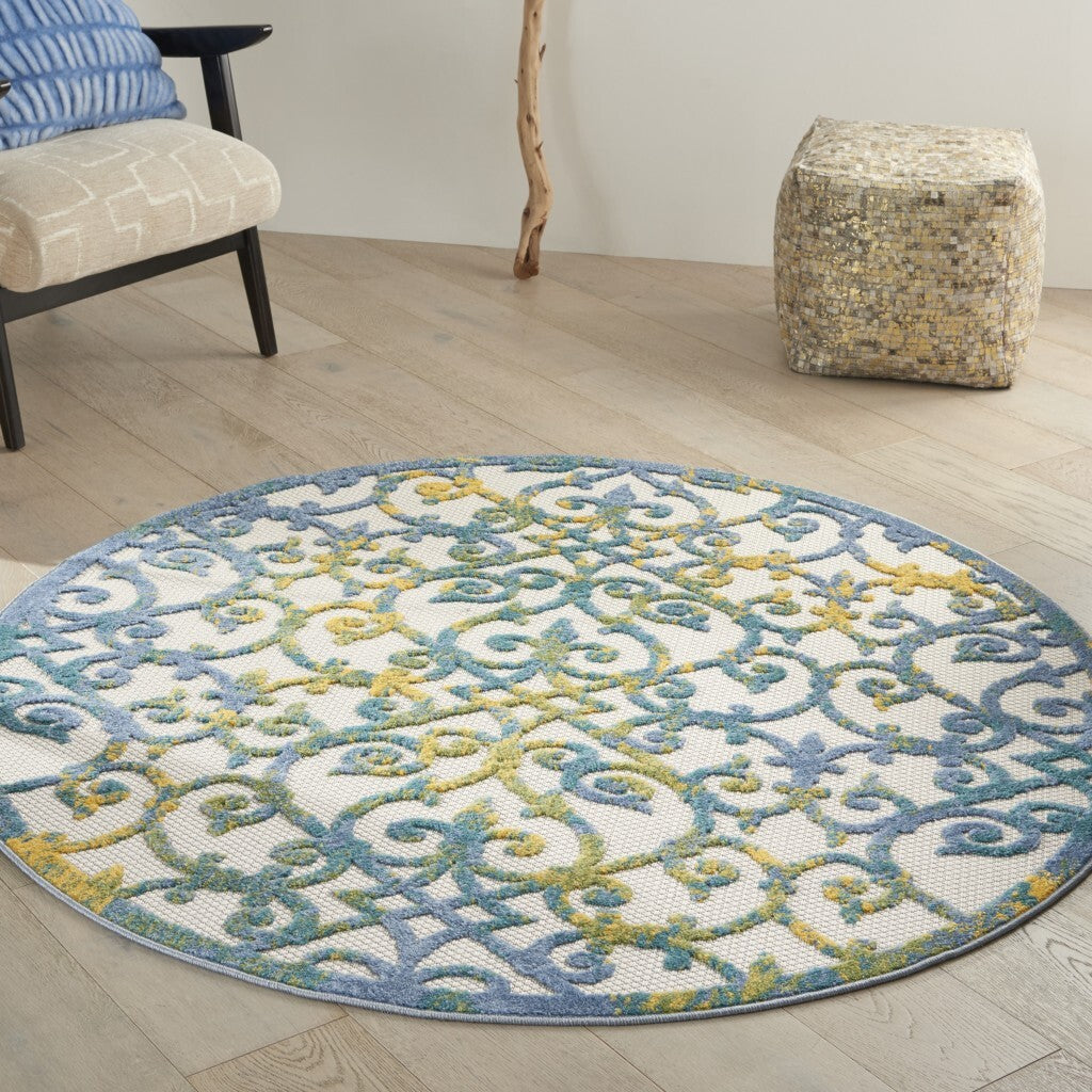 4' Round Ivory And Blue Indoor Outdoor Area Rug