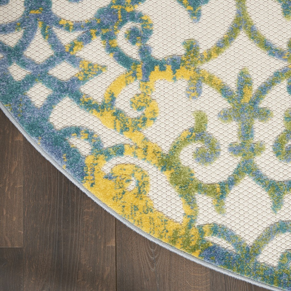 4' Round Ivory And Blue Indoor Outdoor Area Rug