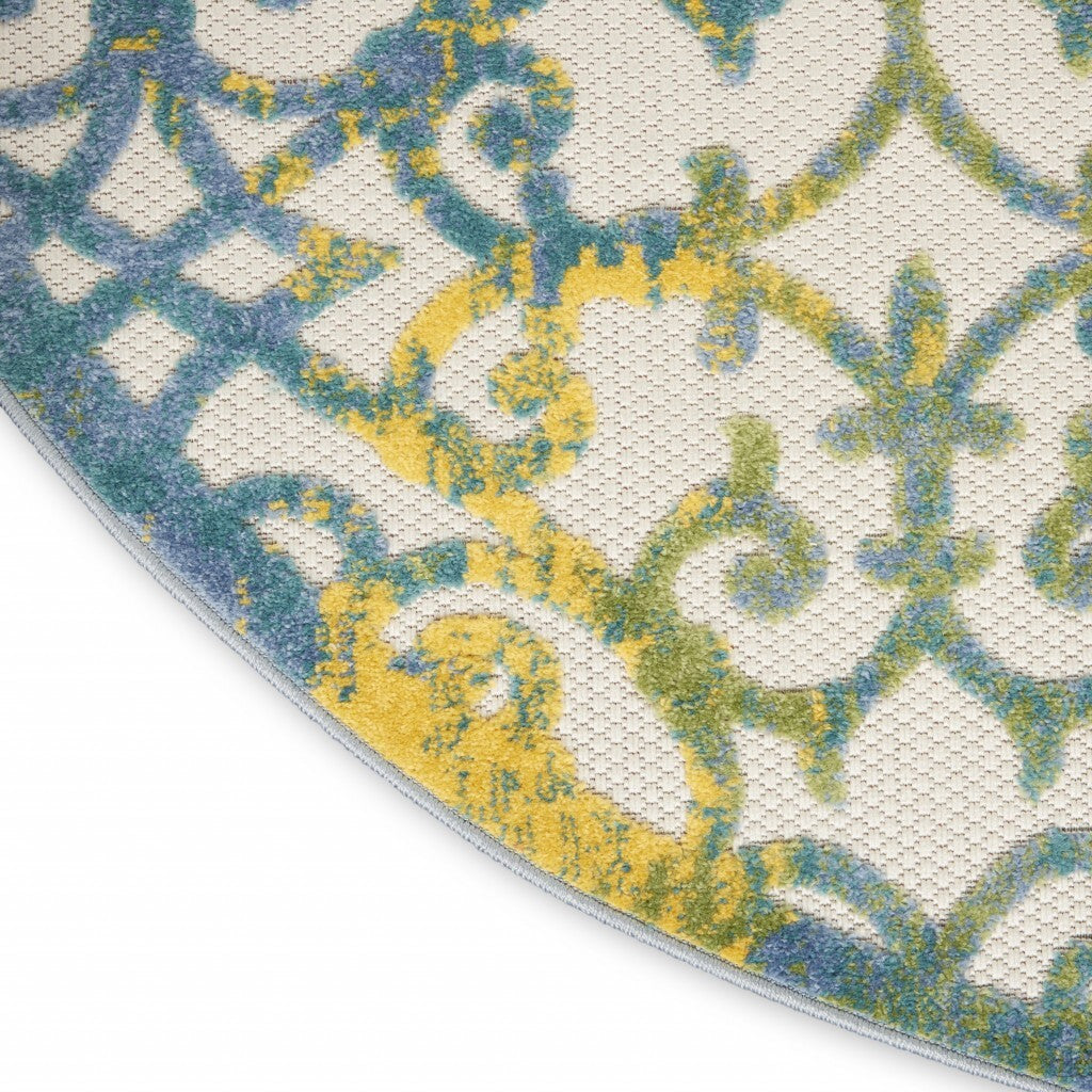 4' Round Ivory And Blue Indoor Outdoor Area Rug