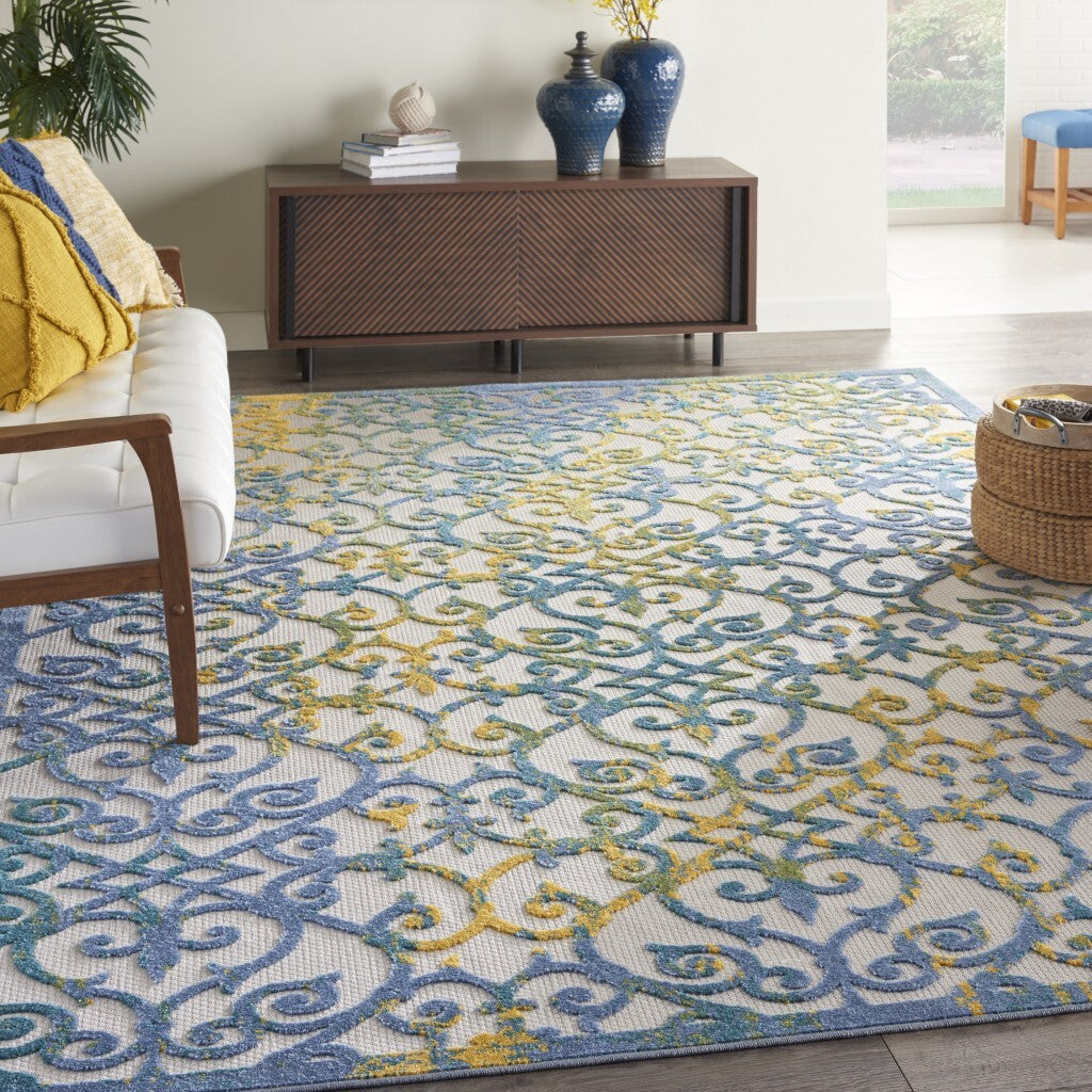 8' X 11' Ivory And Blue Indoor Outdoor Area Rug