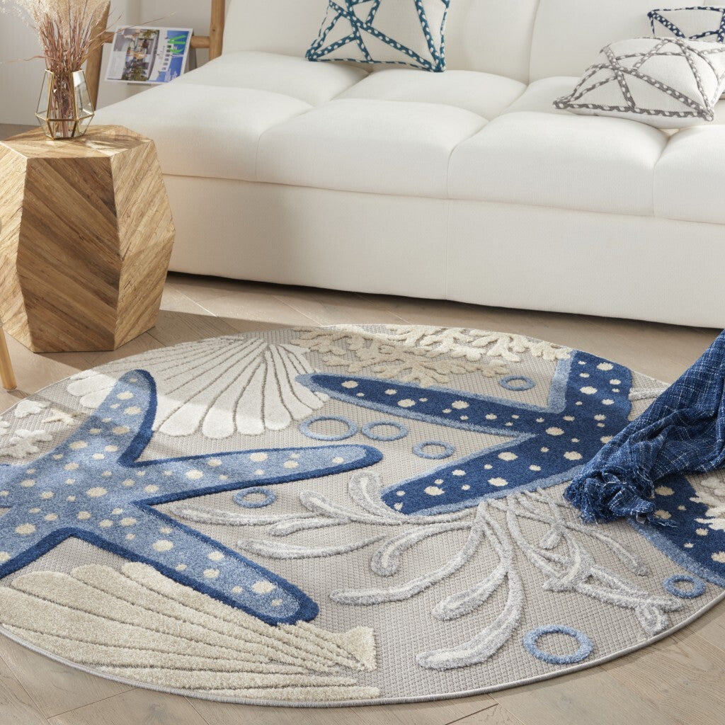 5' Round Blue And Gray Indoor Outdoor Area Rug