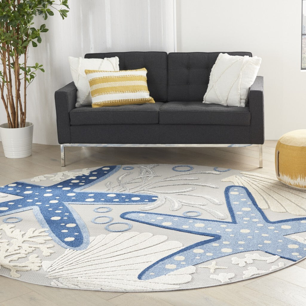 8' Round Blue And Gray Indoor Outdoor Area Rug