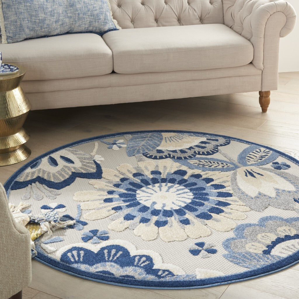 4' Round Blue And Gray Indoor Outdoor Area Rug