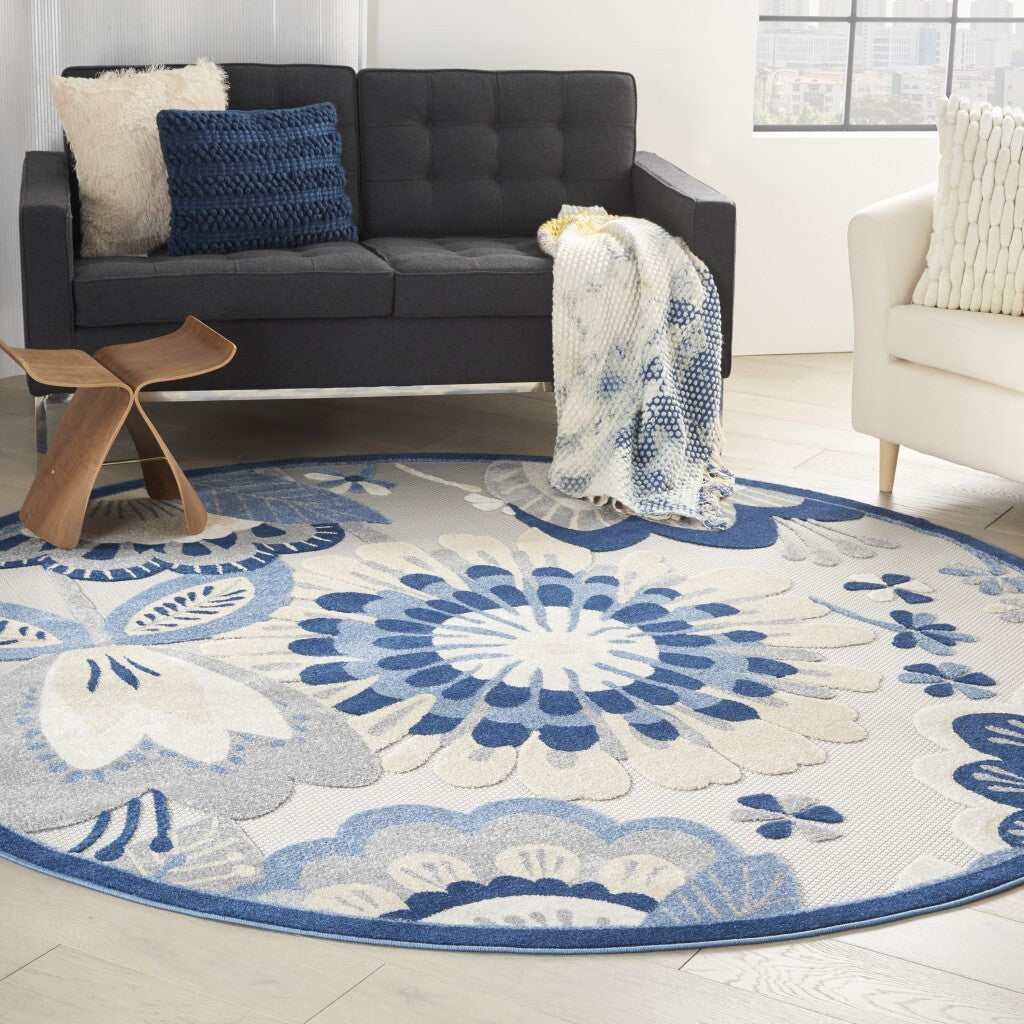 8' Round Blue And Gray Indoor Outdoor Area Rug