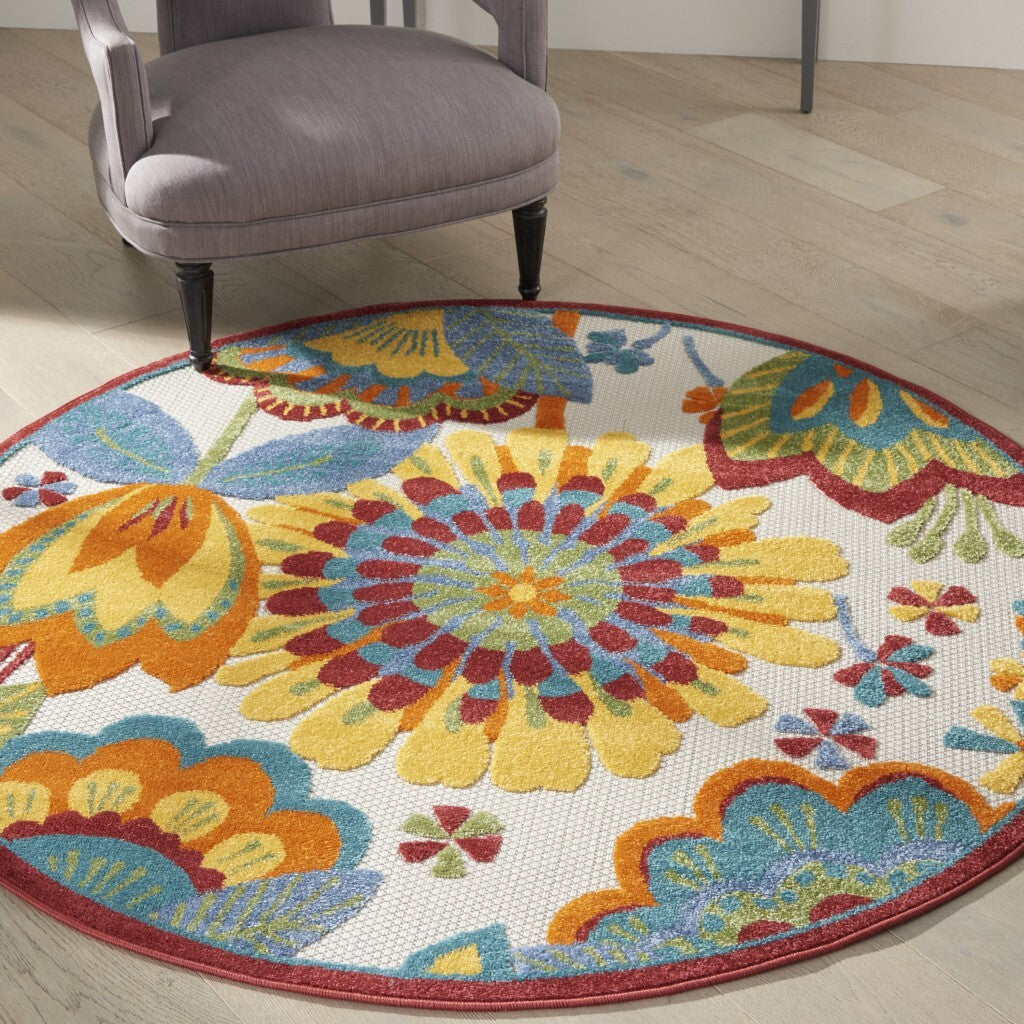 4' Round Yellow And Ivory Indoor Outdoor Area Rug