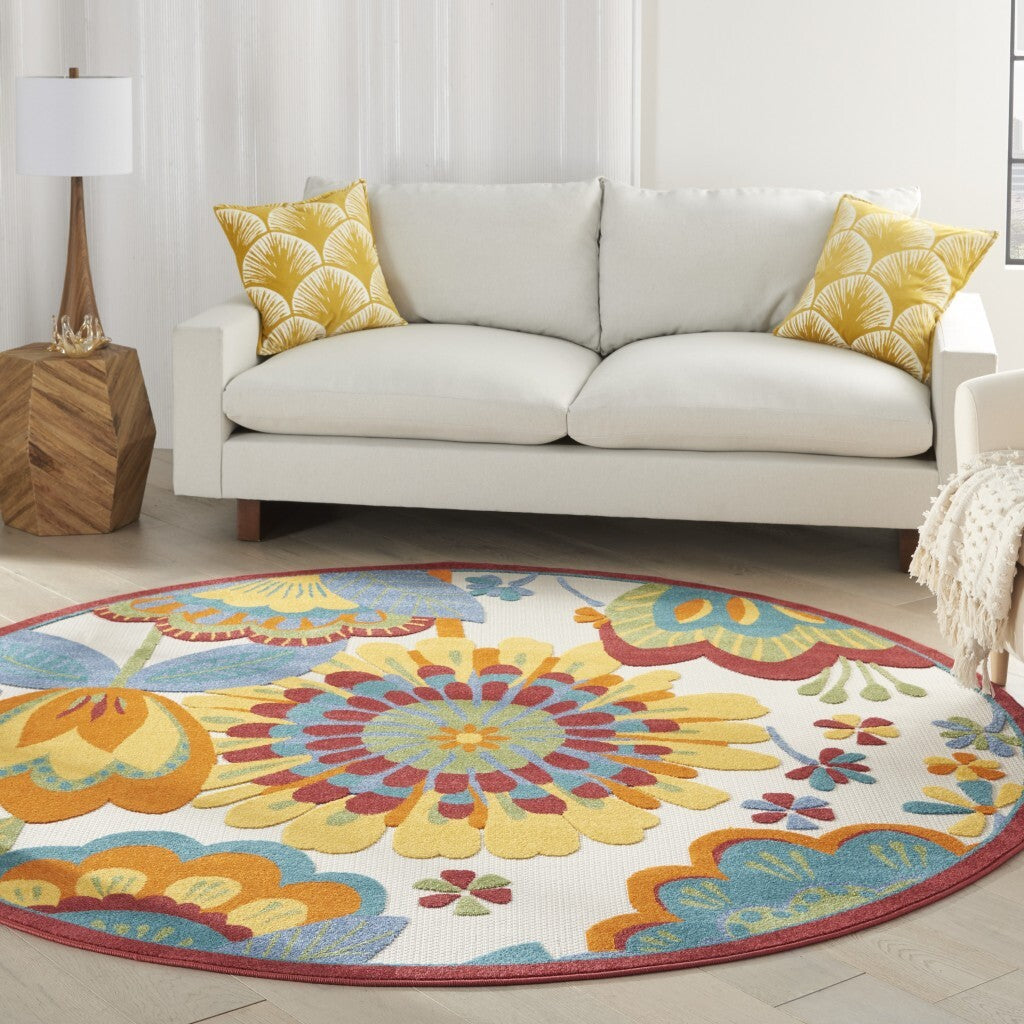 8' Round Yellow And Ivory Indoor Outdoor Area Rug