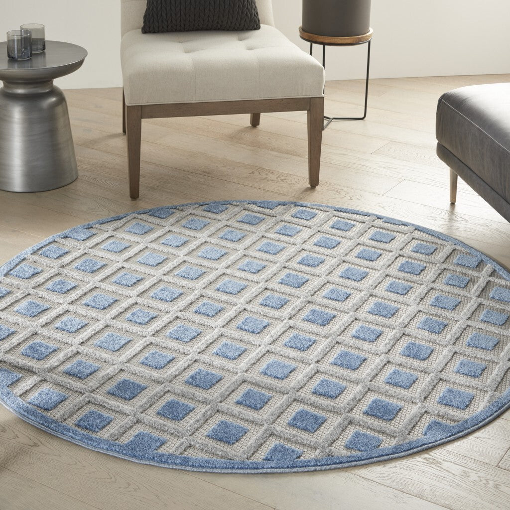 4' Round Blue And Gray Indoor Outdoor Area Rug