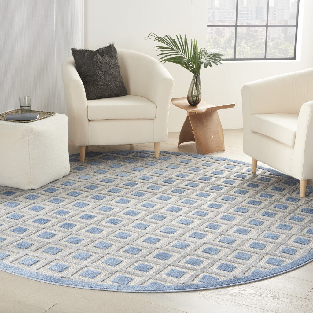 8' Round Blue And Gray Indoor Outdoor Area Rug