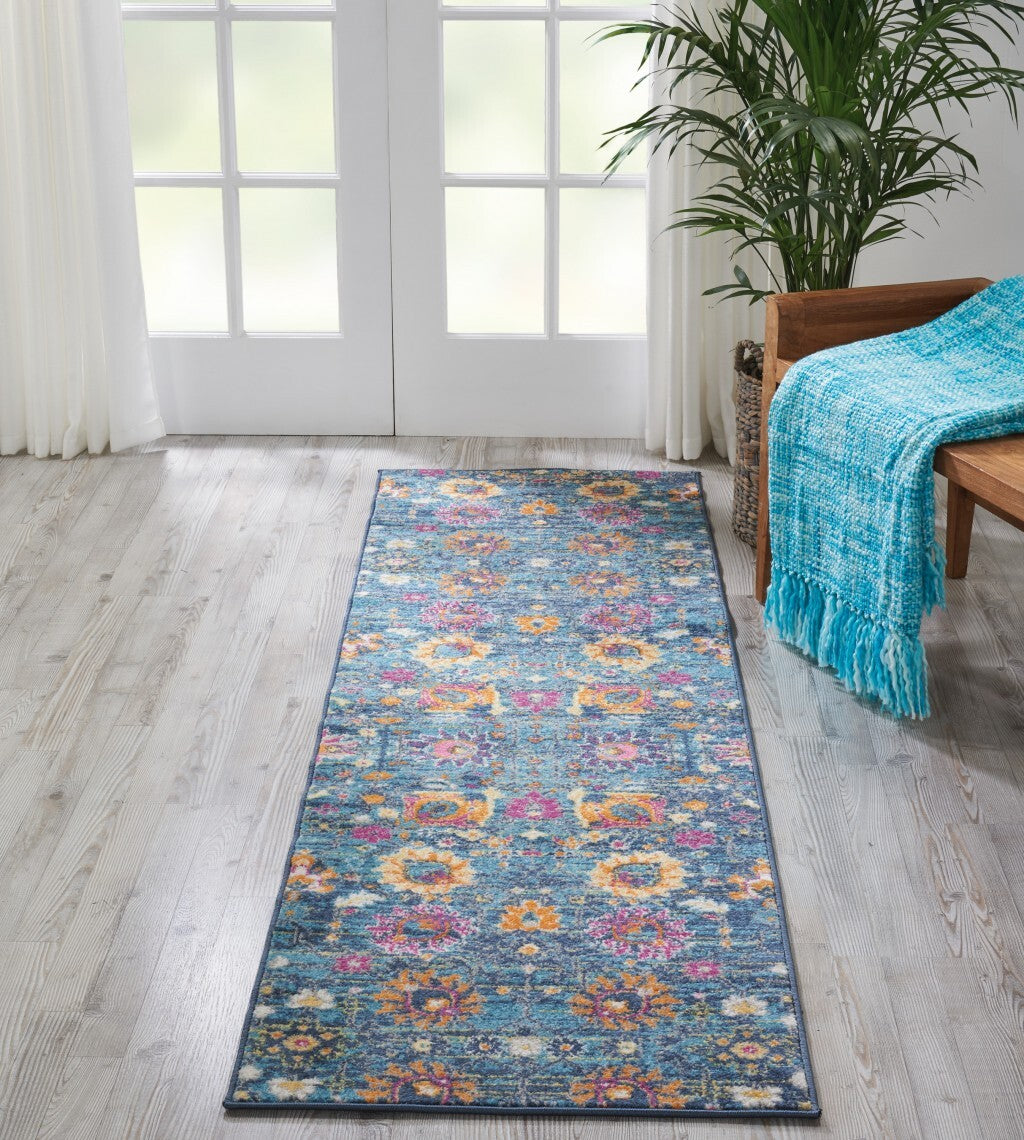 2' X 10' Denim Blue Florals Distressed Runner Rug