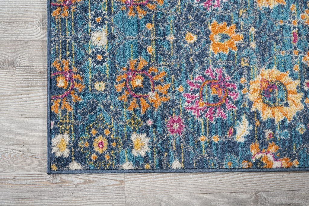 2' X 10' Denim Blue Florals Distressed Runner Rug