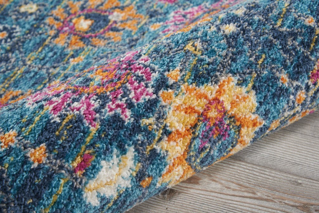 2' X 10' Denim Blue Florals Distressed Runner Rug