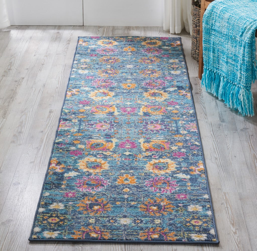 2' X 10' Denim Blue Florals Distressed Runner Rug
