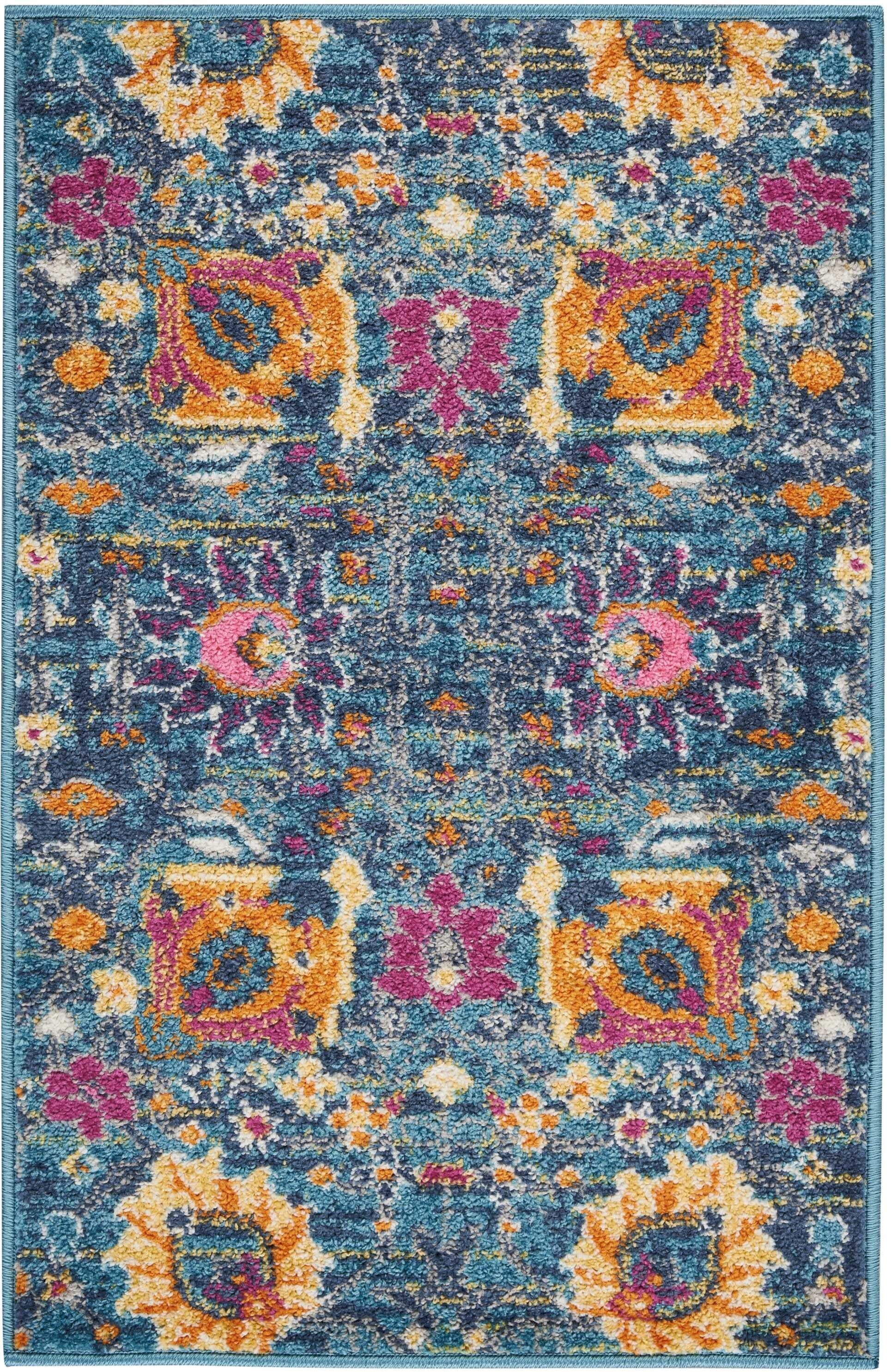 2' X 3' Denim Blue Florals Distressed Scatter Rug