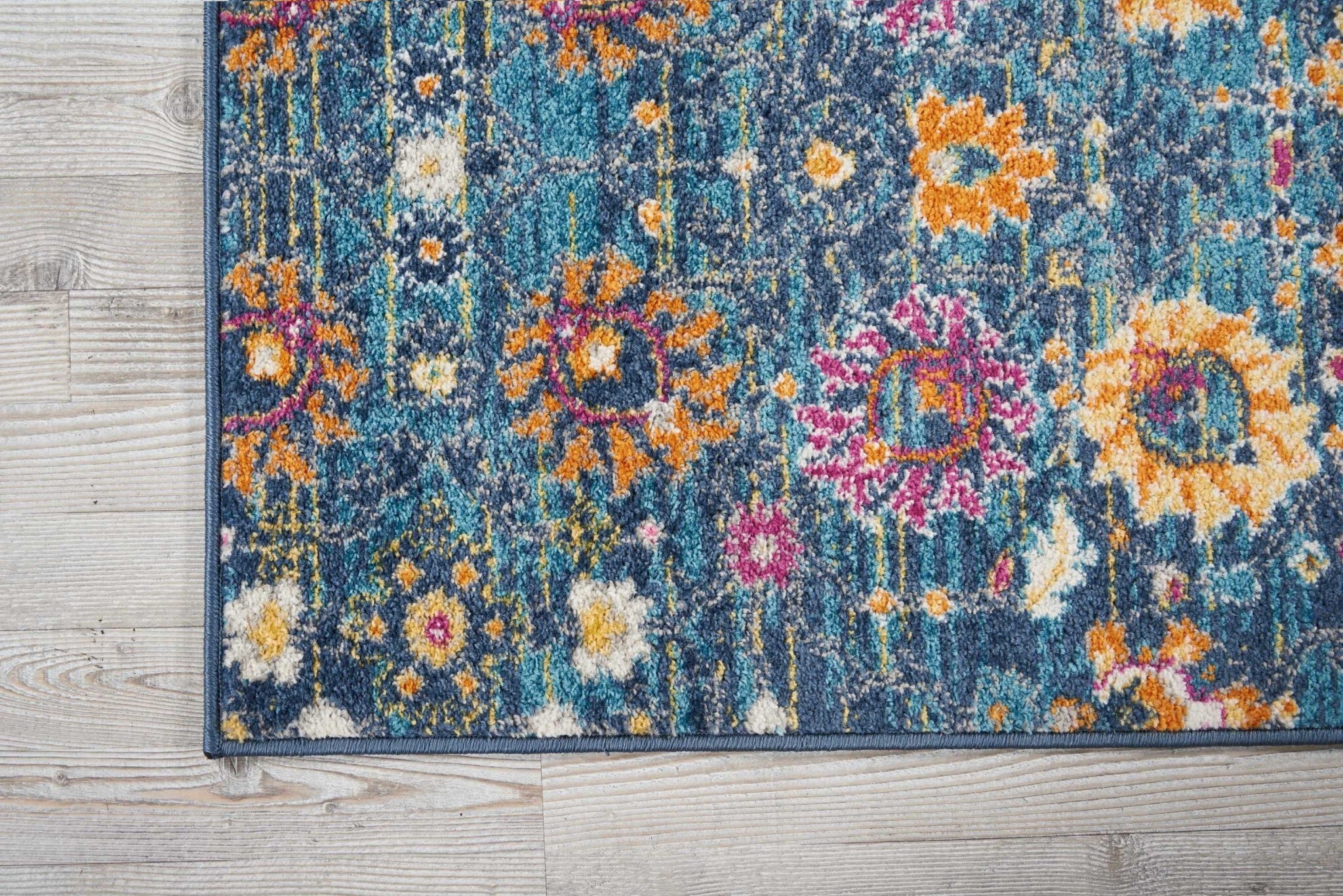 2' X 8' Denim Blue Florals Distressed Runner Rug