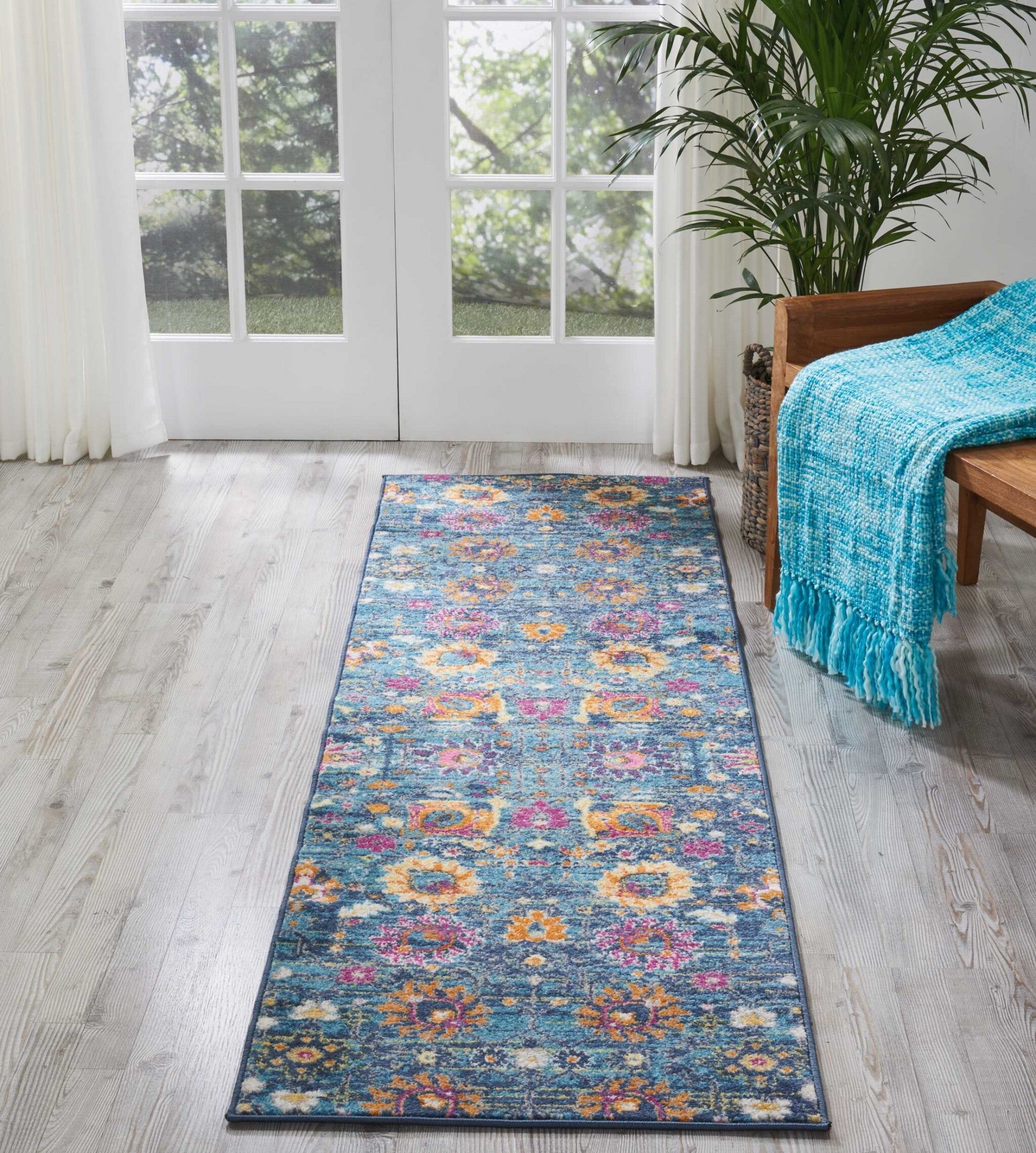 2' X 8' Denim Blue Florals Distressed Runner Rug