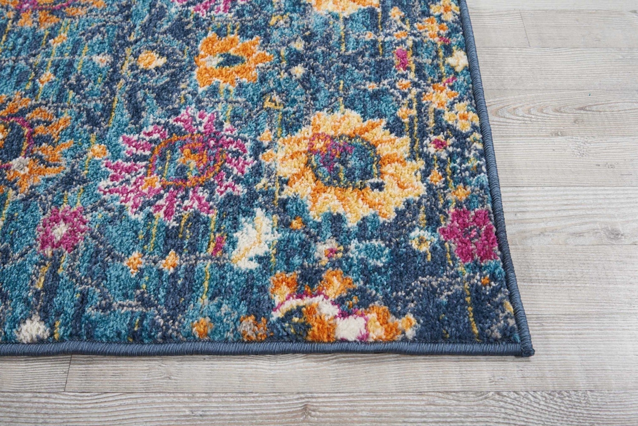 2' X 8' Denim Blue Florals Distressed Runner Rug