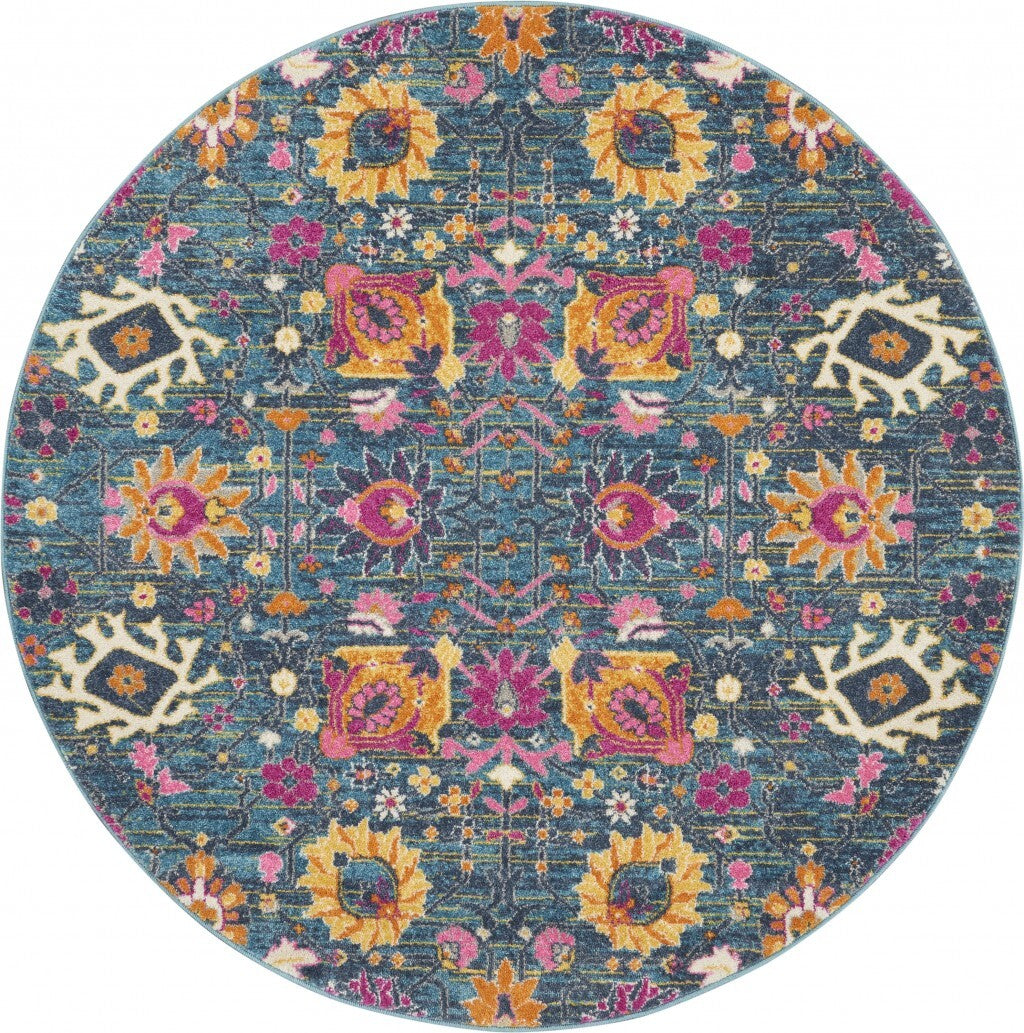 4' Round Denim Blue Florals Distressed Area Rug