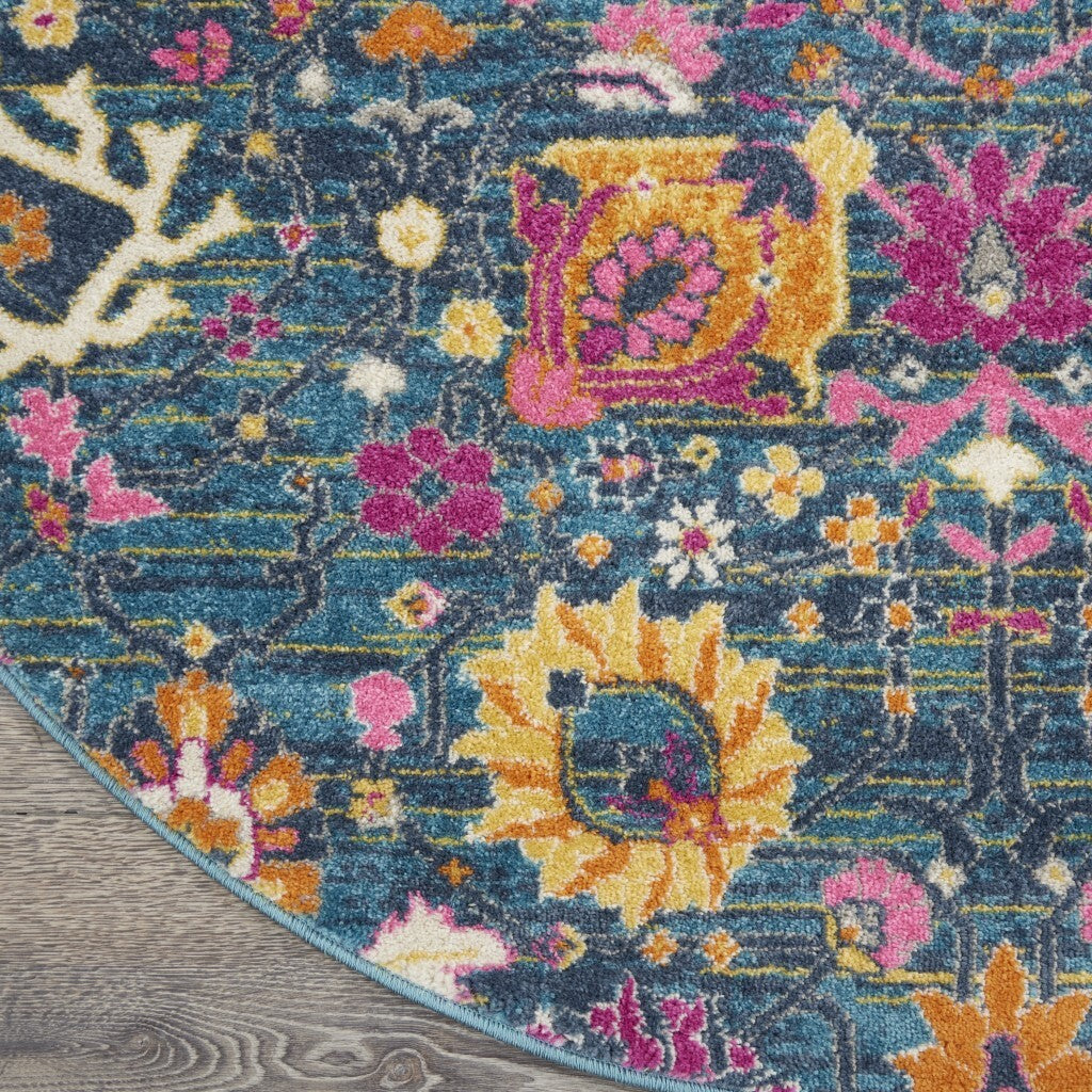 4' Round Denim Blue Florals Distressed Area Rug