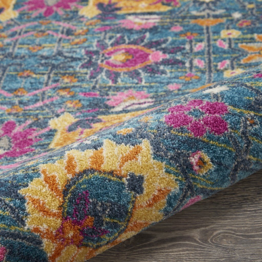 4' Round Denim Blue Florals Distressed Area Rug