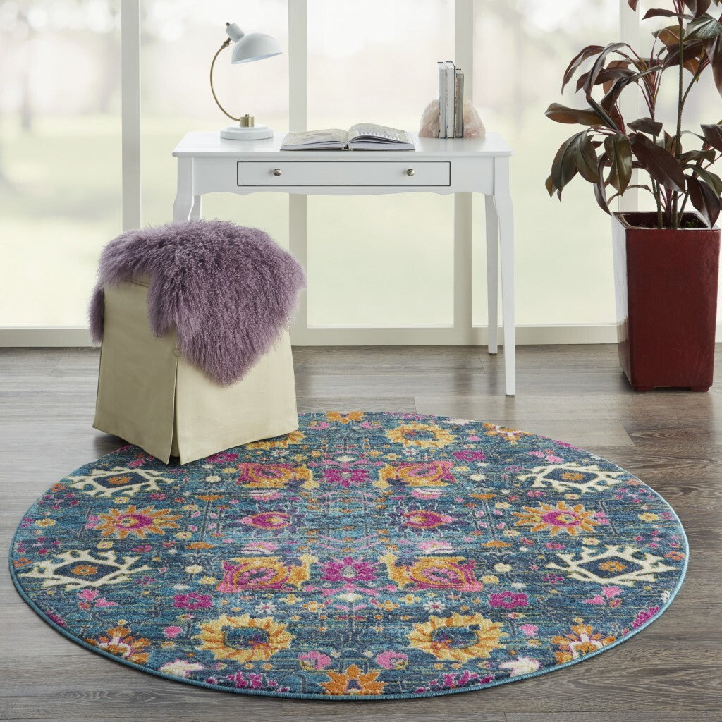 4' Round Denim Blue Florals Distressed Area Rug
