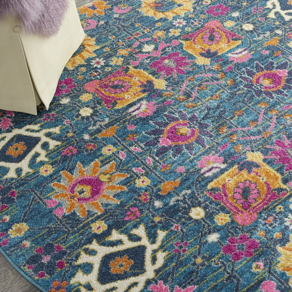 4' Round Denim Blue Florals Distressed Area Rug
