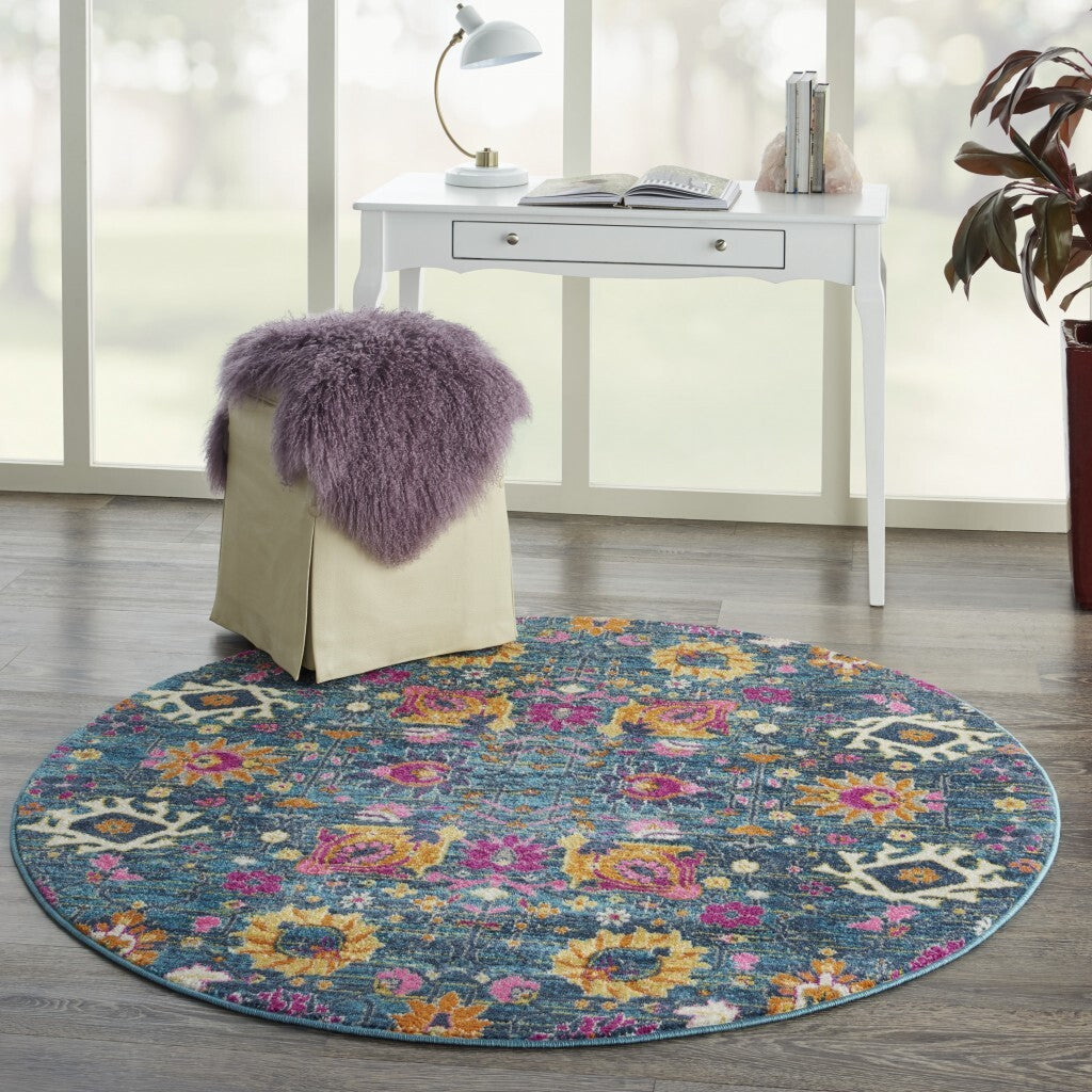 4' Round Denim Blue Florals Distressed Area Rug