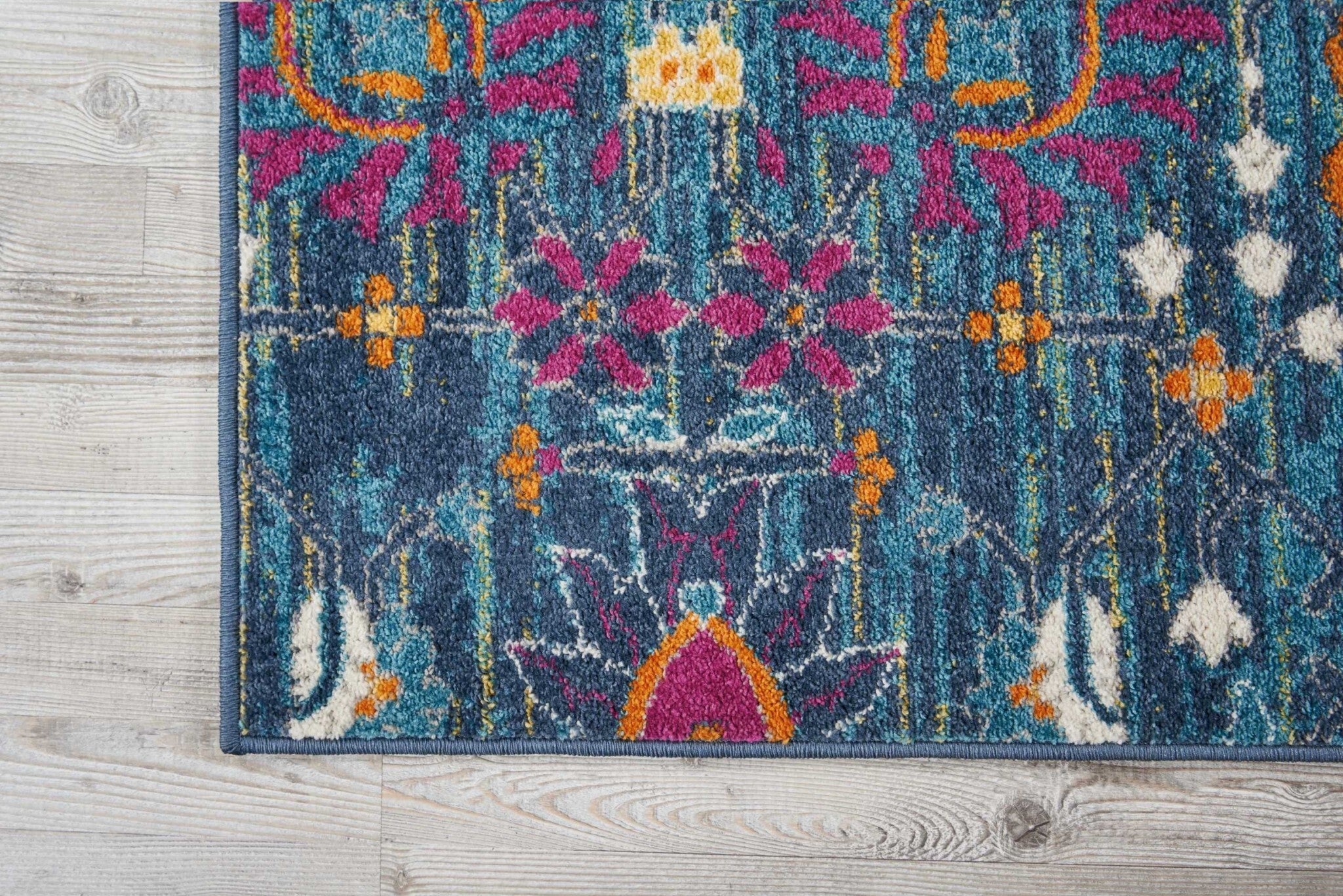 8' X 10' Denim Blue Florals Distressed Area Rug