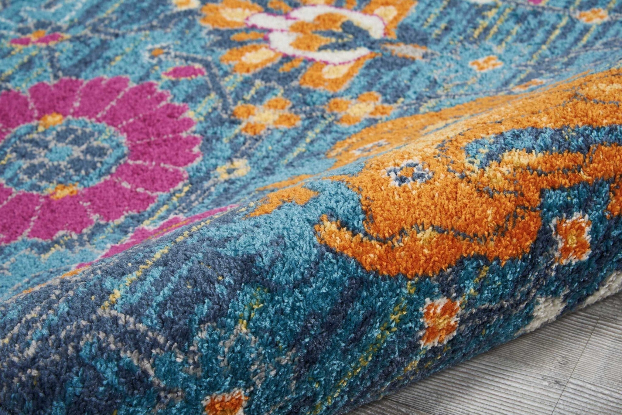 8' X 10' Denim Blue Florals Distressed Area Rug