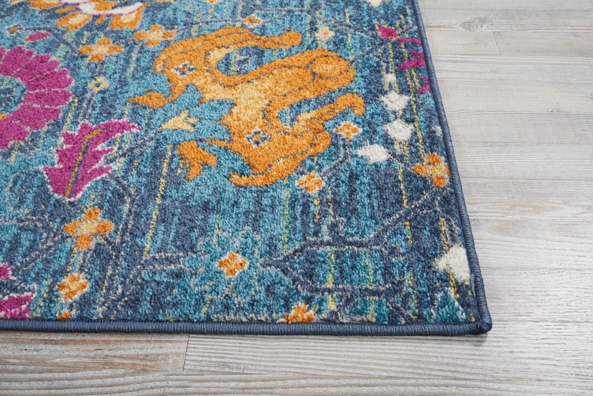 8' X 10' Denim Blue Florals Distressed Area Rug