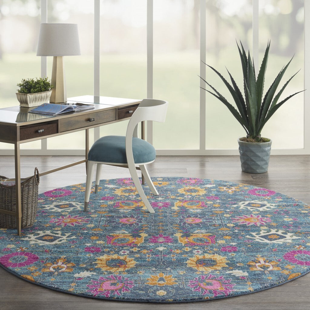 8' Round Denim Blue Florals Distressed Area Rug