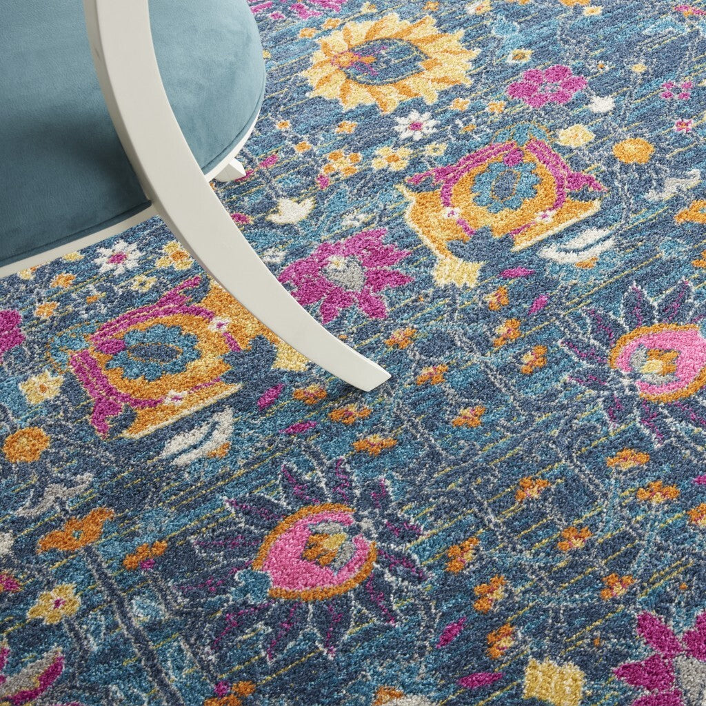 8' Round Denim Blue Florals Distressed Area Rug