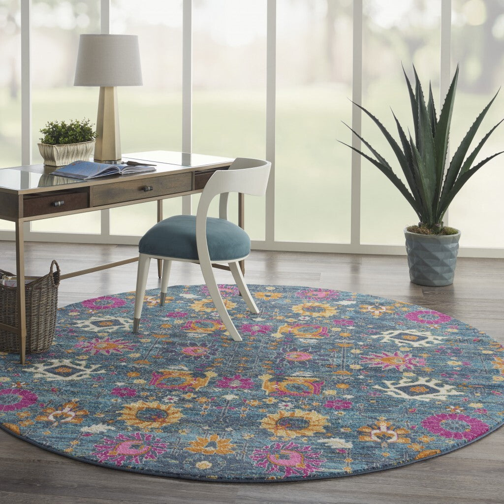 8' Round Denim Blue Florals Distressed Area Rug