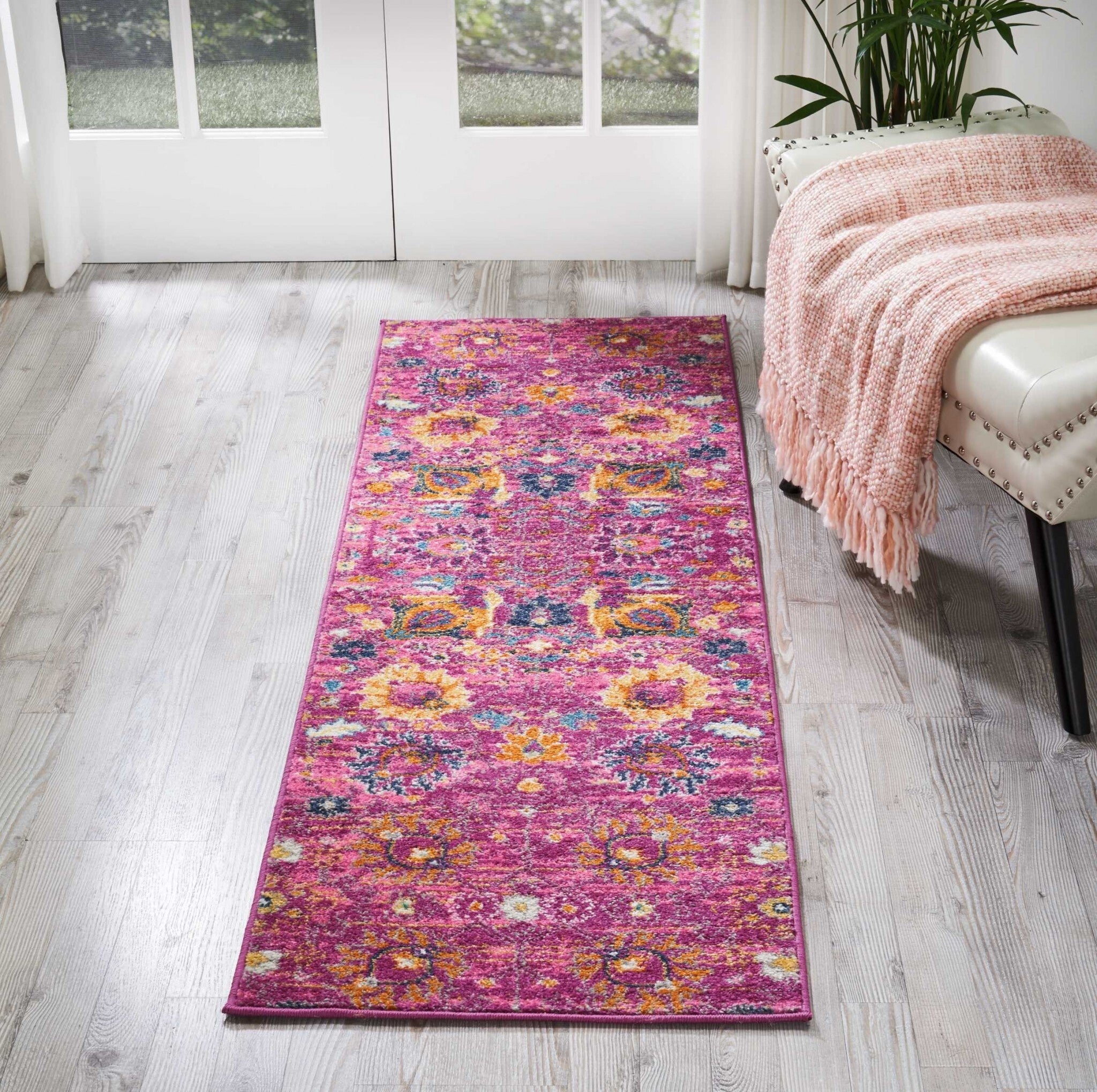 2' X 6' Fuchsia And Orange Distressed Runner Rug